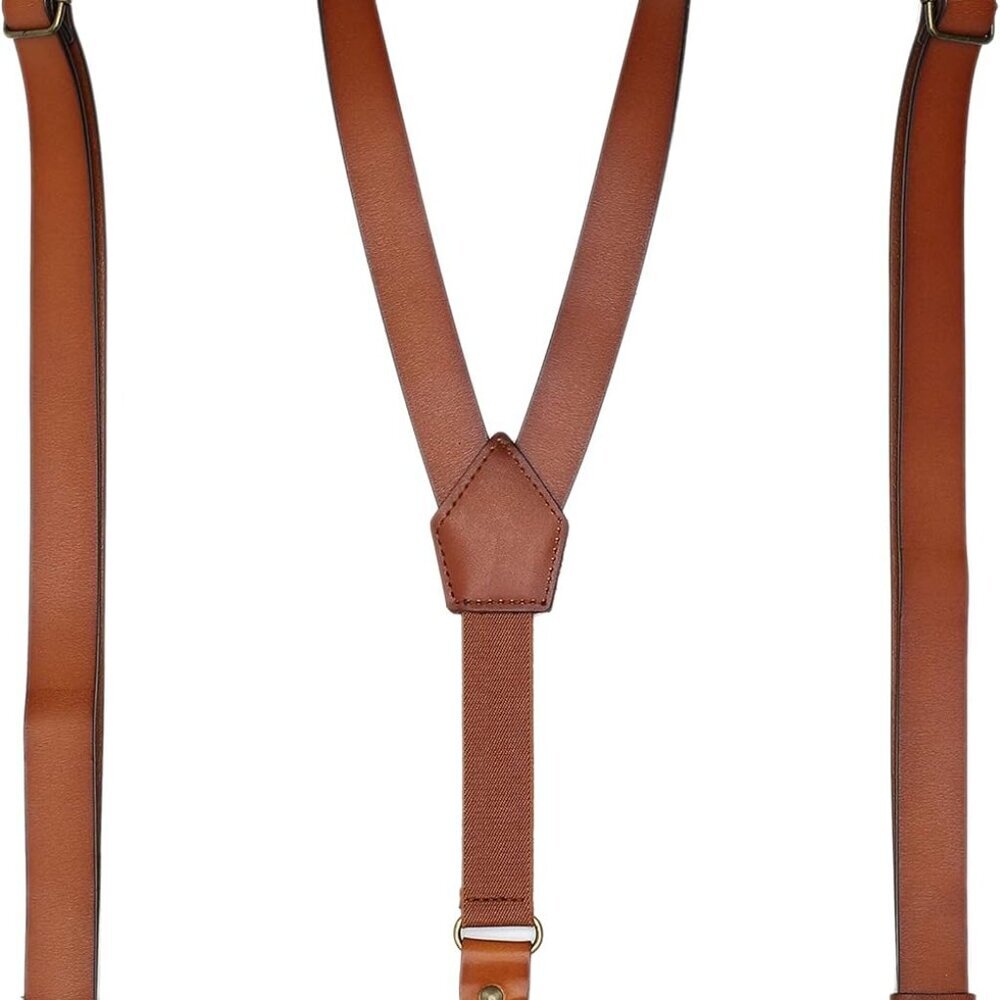 Leather Suspenders for Men Y Back Design Adjustable Suspender with 4 Metal Clips